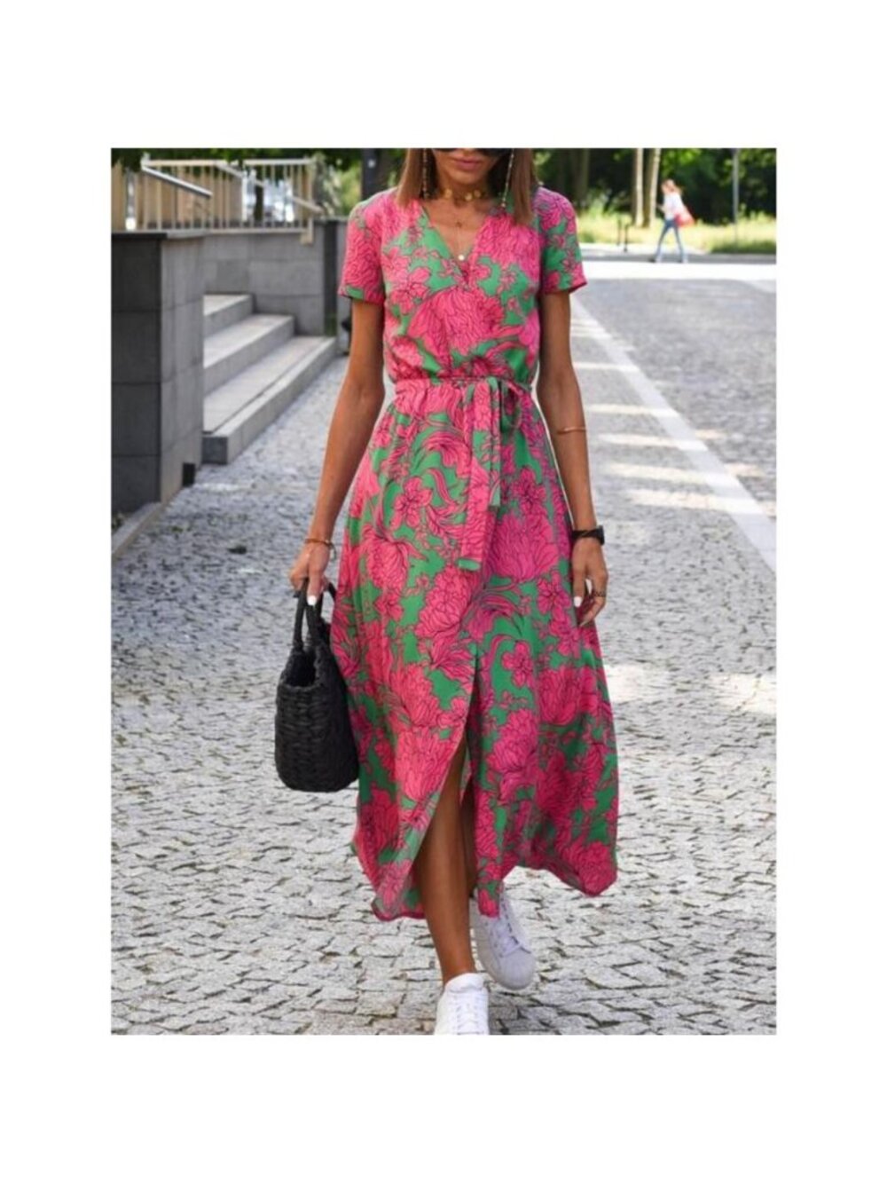 Full Size Slit Floral Print Short Sleeve Dress Plus Size
